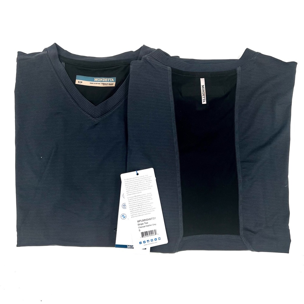 NEW Lot of 2 Mondetta Stripe Tees Charcoal Heather Gray Small V-Neck Gym